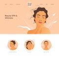 Beauty SPA and Wellness. Female with Healthy Skin Portrait Touching Her Face. Beauty Face Badges with Different Services.